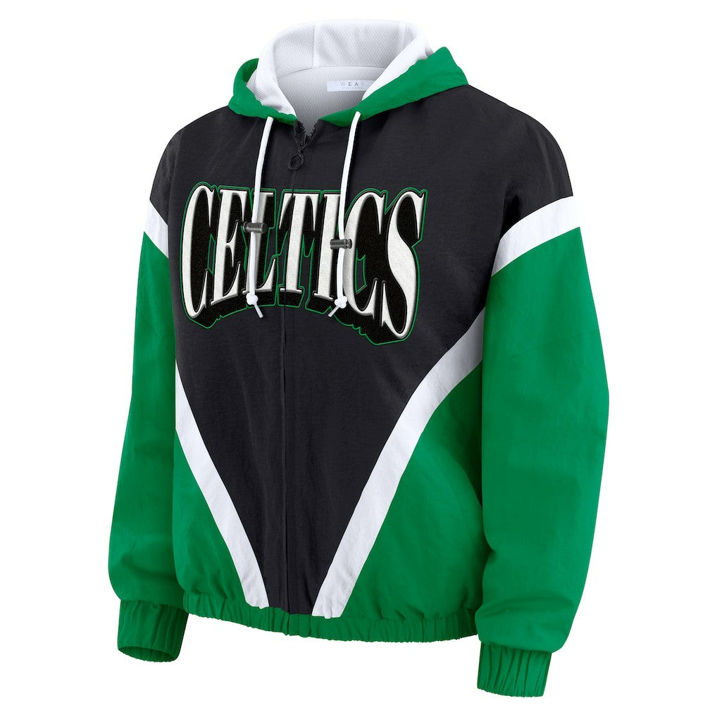 Boston Celtics WEAR by Erin Andrews Women's Colorblock Full-Zip Hoodie Windbreaker Jacket On Sale