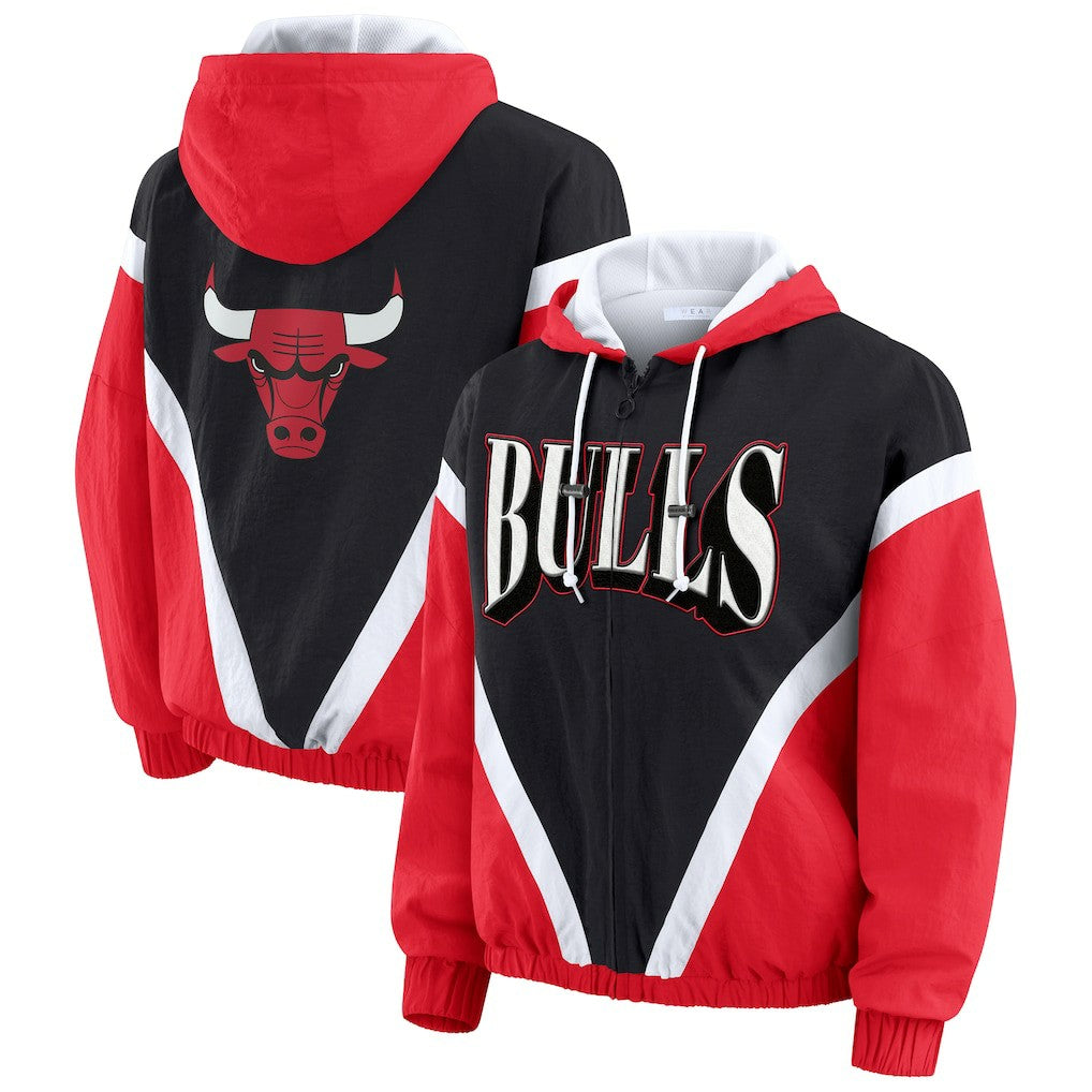 Chicago Bulls WEAR by Erin Andrews Women's Colorblock Full-Zip Hoodie Windbreaker Jacket Online