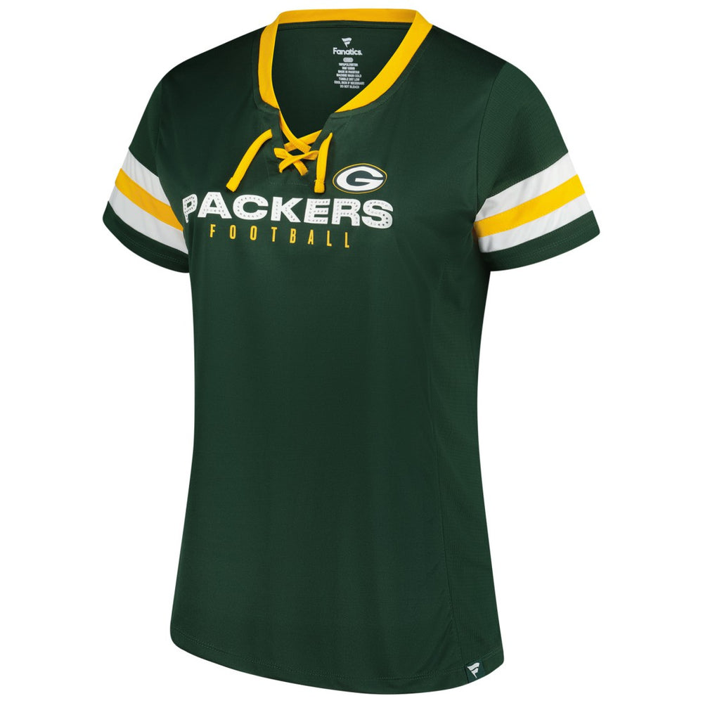 Green Bay Packers Fanatics Women's Plus Size Rhinestone Redzone Athena Lace-Up Notch Neck T-Shirt