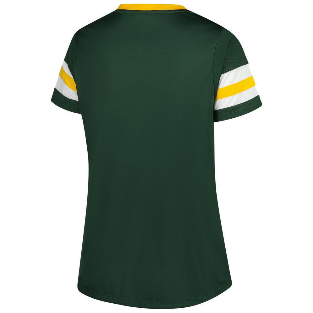 Green Bay Packers Fanatics Women's Plus Size Rhinestone Redzone Athena Lace-Up Notch Neck T-Shirt