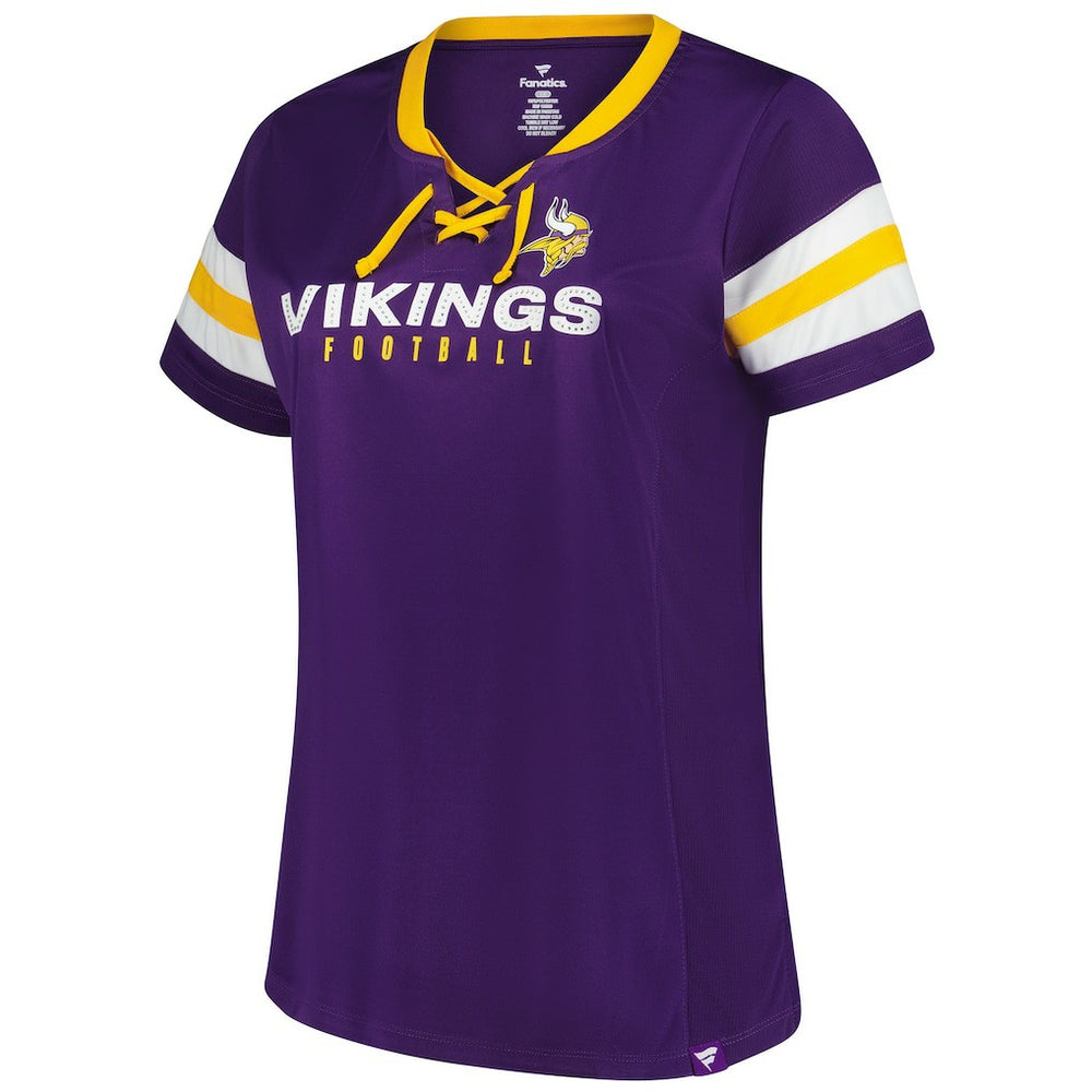 Minnesota Vikings Fanatics Women's Plus Size Rhinestone Redzone Athena Lace-Up Notch Neck T-Shirt