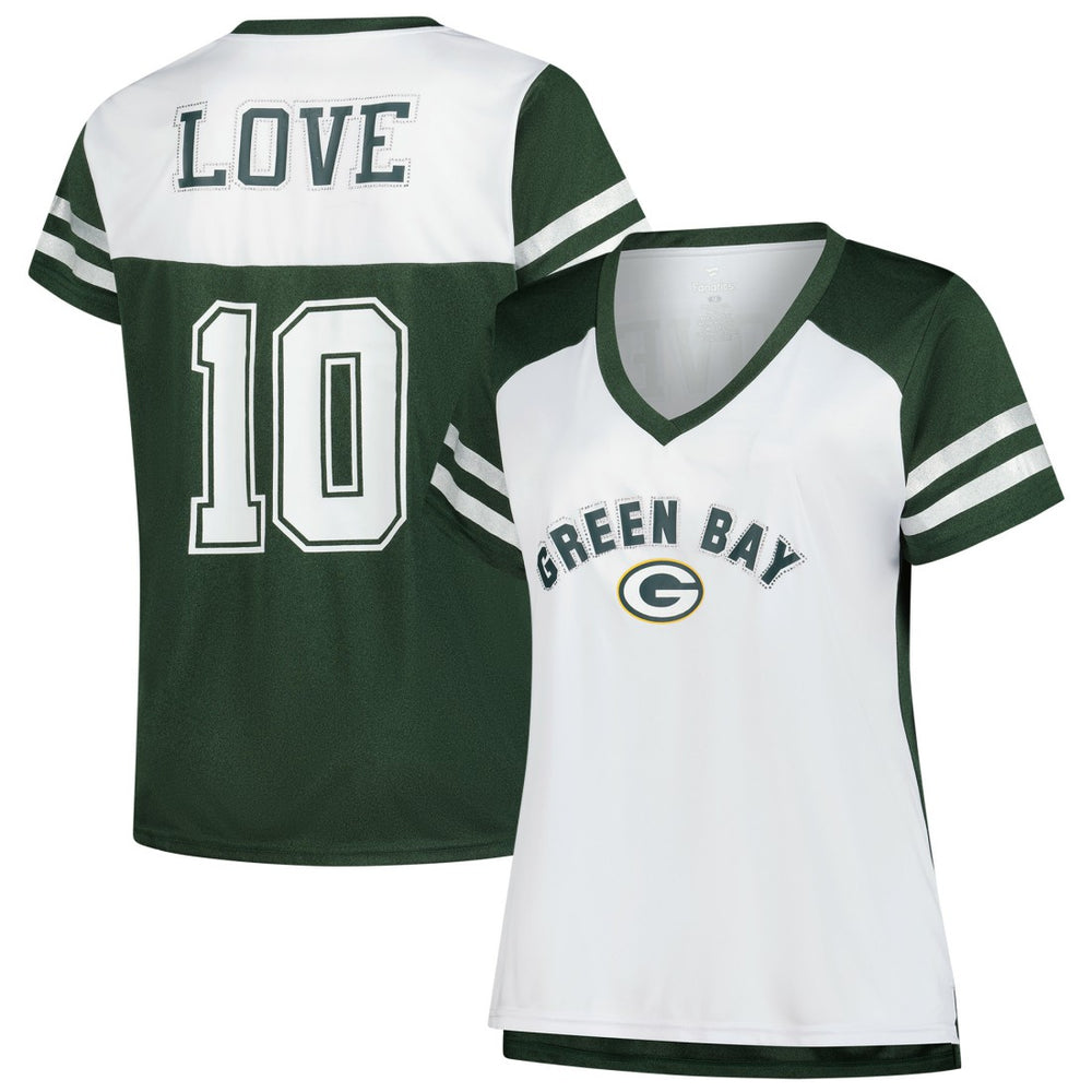 Green Bay Packers Fanatics Jordan Love  Women's Plus Size Bling V-Neck T-Shirt