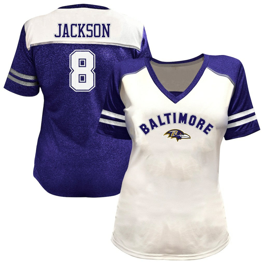 Baltimore Ravens Fanatics Lamar Jackson  Women's Plus Size Bling V-Neck T-Shirt