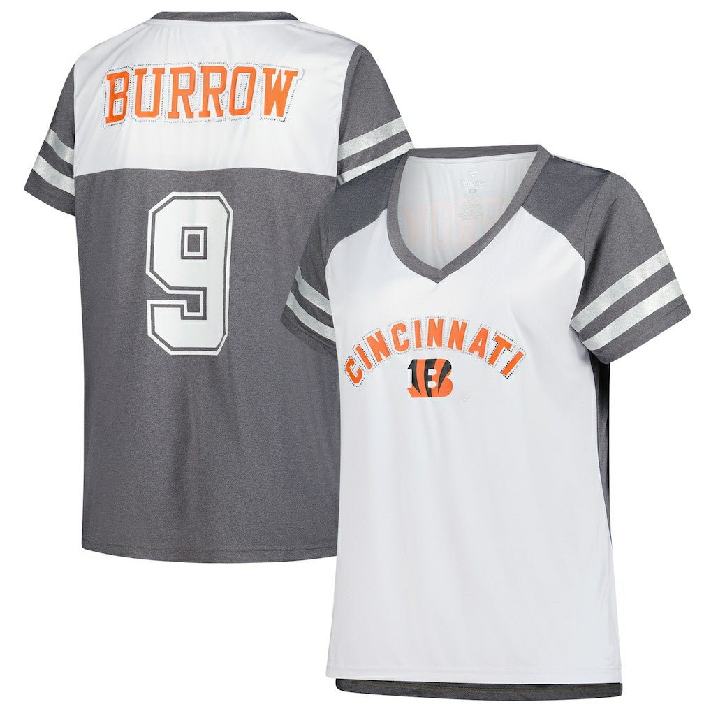 Cincinnati Bengals Fanatics Joe Burrow  Women's Plus Size Bling V-Neck T-Shirt