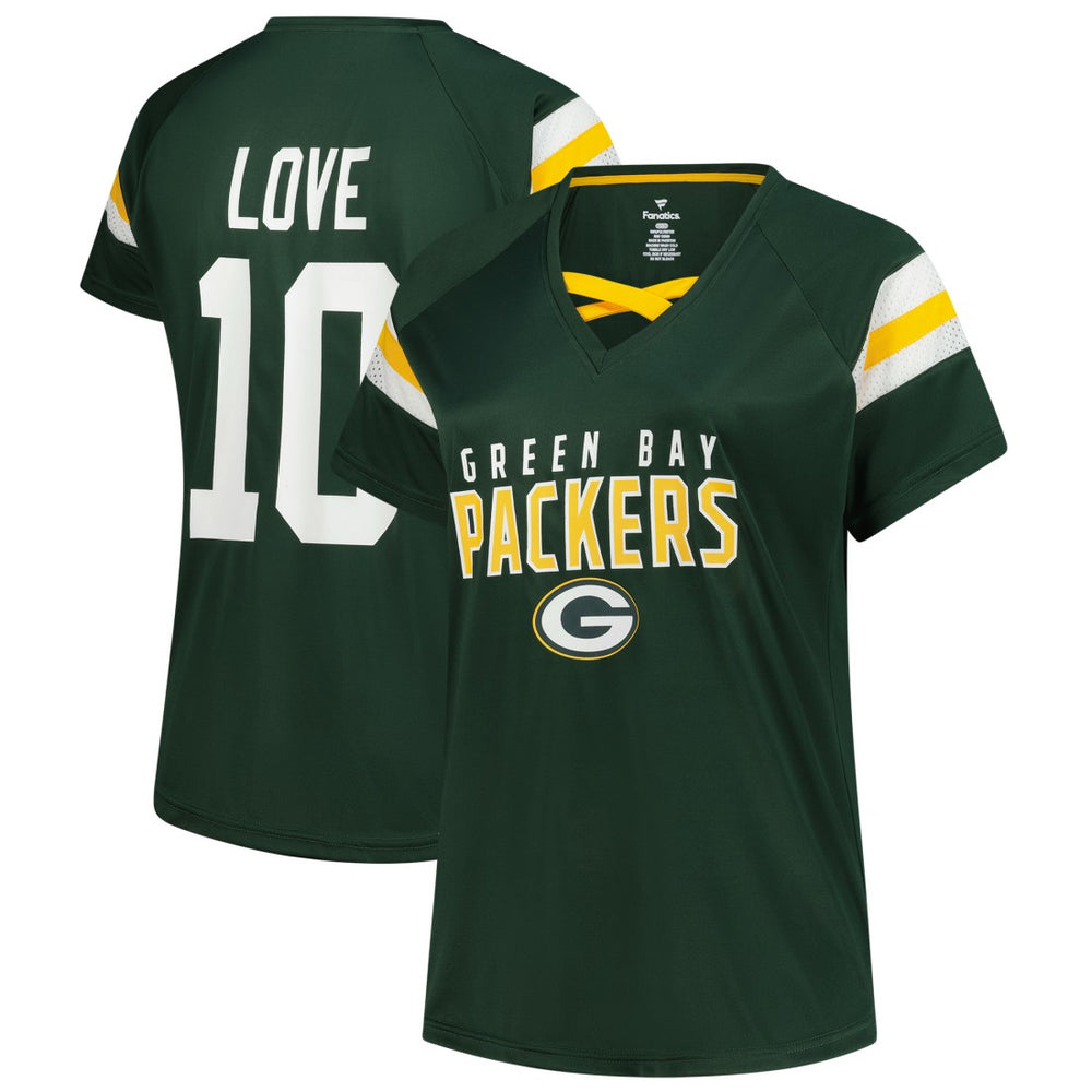 Green Bay Packers Fanatics Jordan Love  Women's Plus Size Name & Number Raglan Lace V-Neck T-Shirt