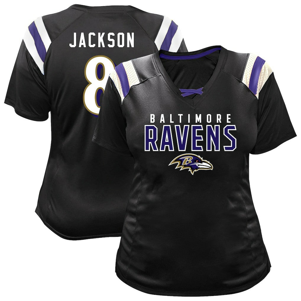 Baltimore Ravens Fanatics Lamar Jackson  Women's Plus Size Name & Number Raglan Lace V-Neck T-Shirt