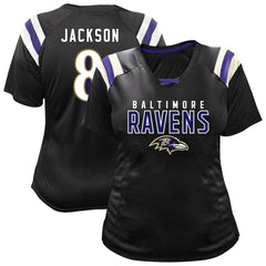 Baltimore Ravens Fanatics Lamar Jackson  Women's Plus Size Name & Number Raglan Lace V-Neck T-Shirt