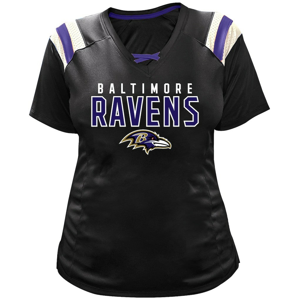 Baltimore Ravens Fanatics Lamar Jackson  Women's Plus Size Name & Number Raglan Lace V-Neck T-Shirt