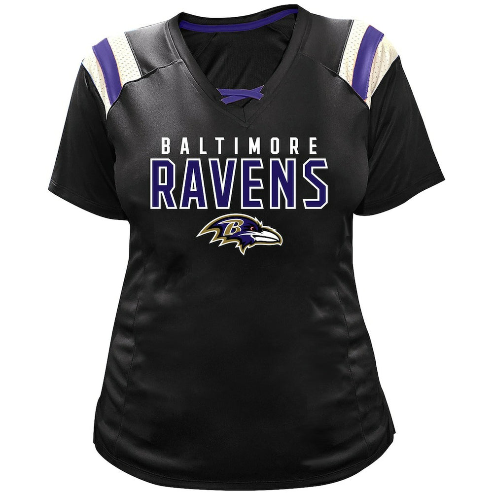 Baltimore Ravens Fanatics Lamar Jackson  Women's Plus Size Name & Number Raglan Lace V-Neck T-Shirt
