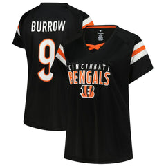 Cincinnati Bengals Fanatics Joe Burrow  Women's Plus Size Name & Number Raglan Lace V-Neck T-Shirt