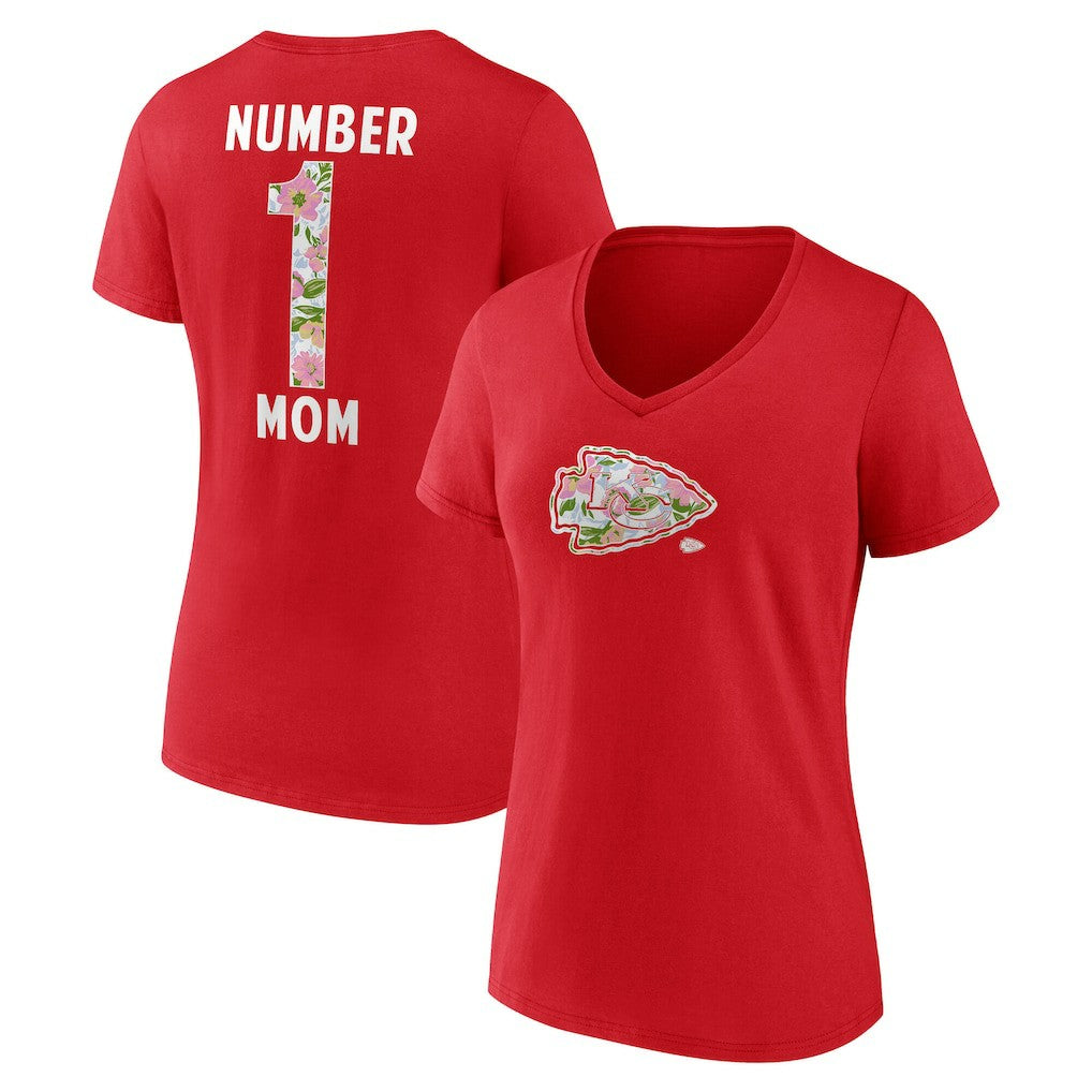 Kansas City Chiefs  Women's Number 1 Mom Floral V-Neck T-Shirt