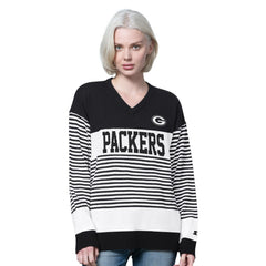 Green Bay Packers  Starter Women's No Huddle Striped V-Neck Sweater