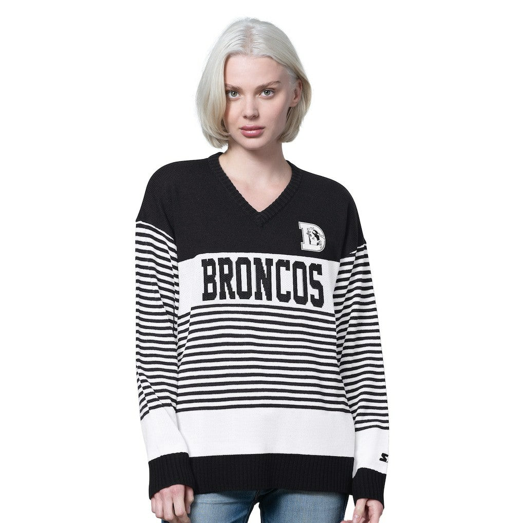 Denver Broncos  Starter Women's No Huddle Striped V-Neck Sweater