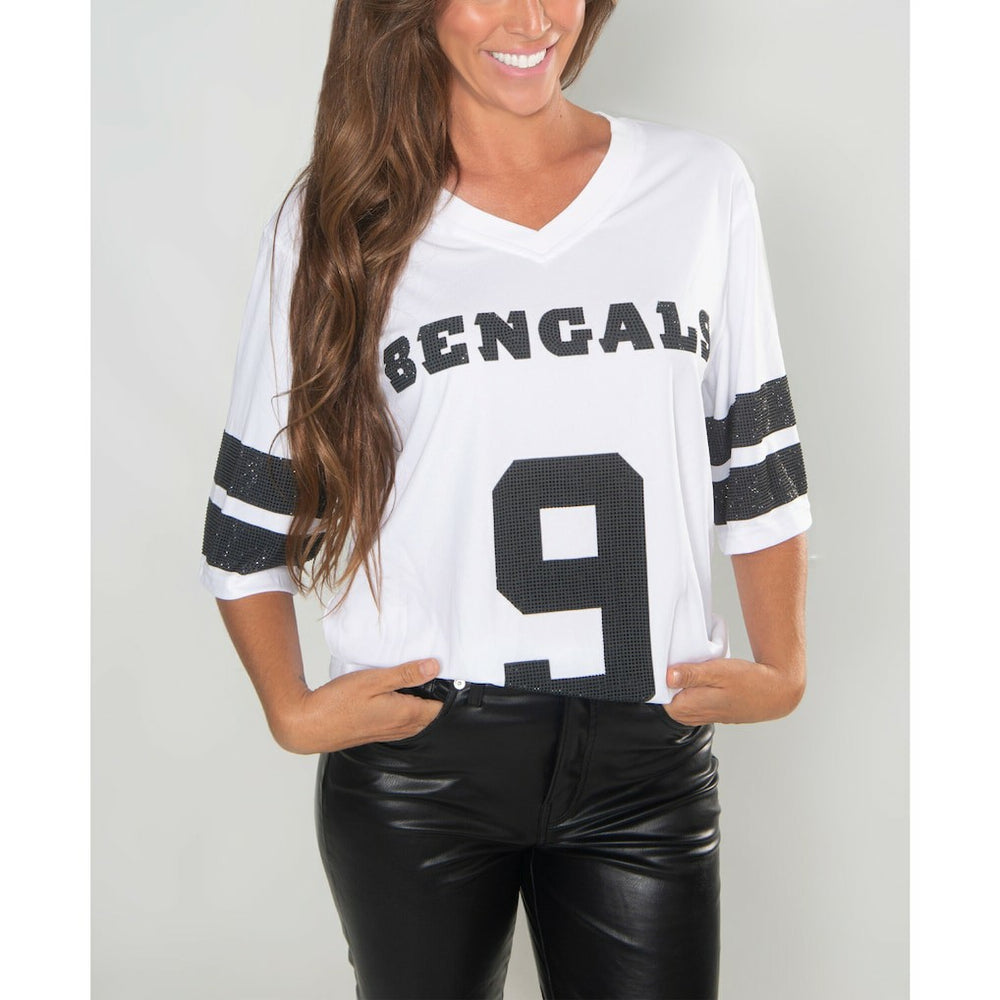 Cincinnati Bengals  Joe Burrow  Cuce Women's Crystal V-Neck Tunic