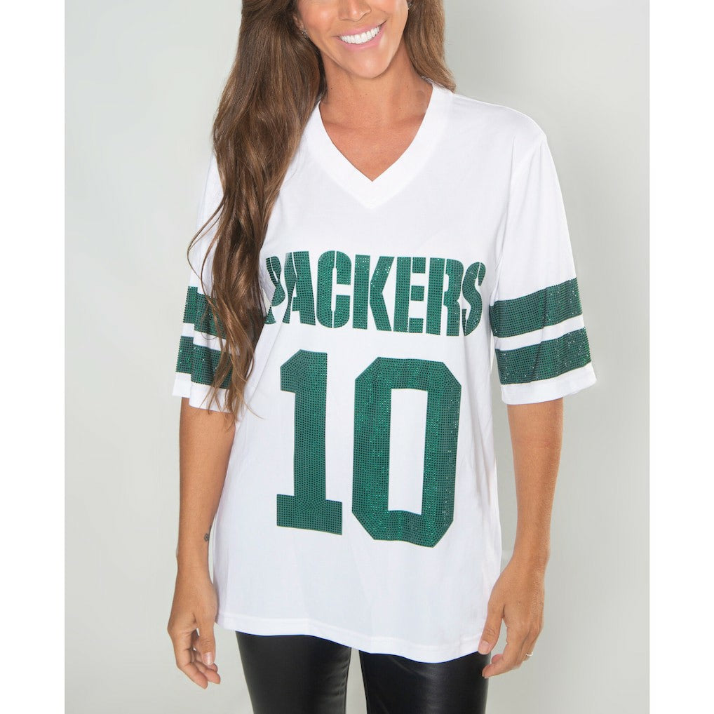 Green Bay Packers  Jordan Love  Cuce Women's Crystal V-Neck Tunic