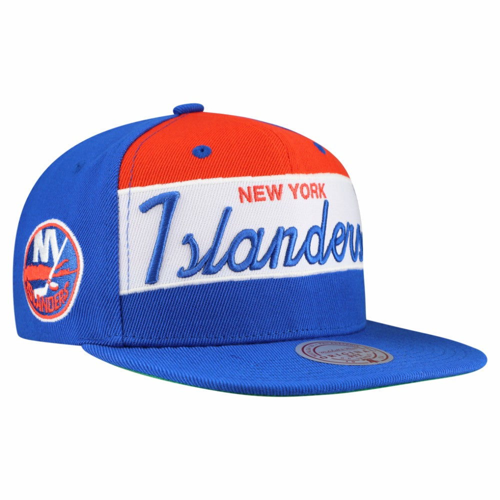 New York Islanders Mitchell & Ness Retro Script Colorblock Snapback Hat Online