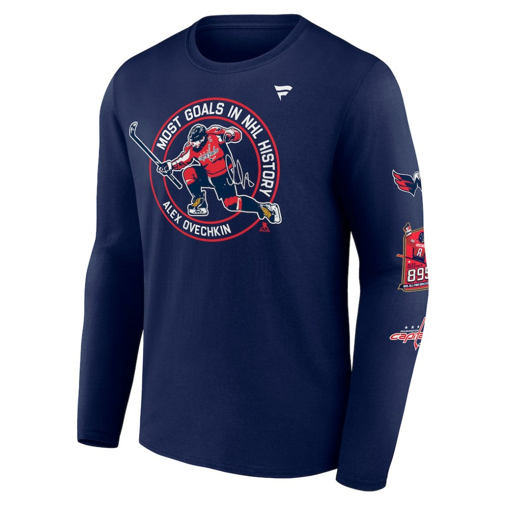 Alexander Ovechkin Washington Capitals Fanatics NHL All-Time Leading Goal Scorer Badges Long Sleeve T-Shirt Sale