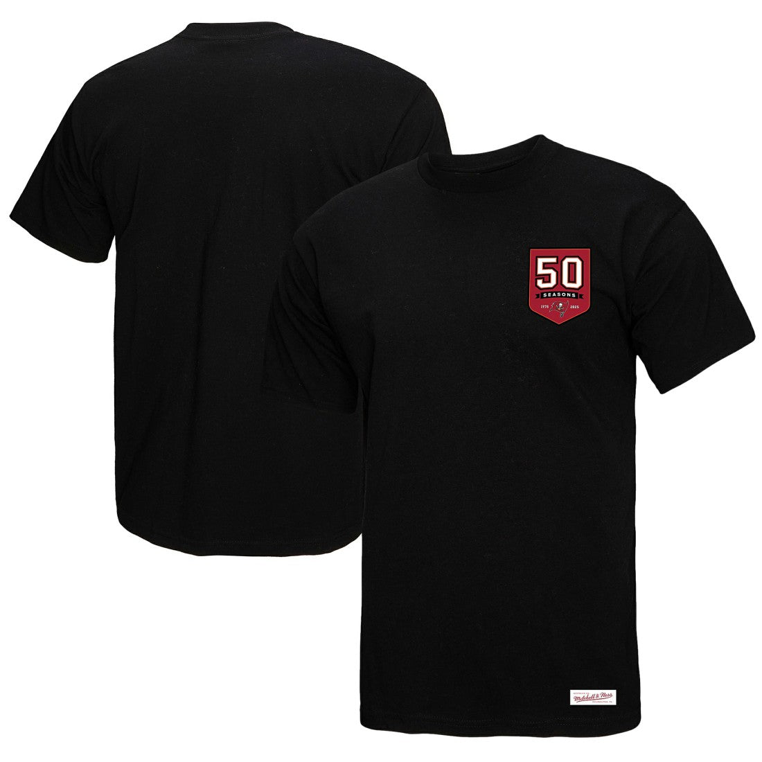 Tampa Bay Buccaneers Mitchell & Ness Women's 50th Anniversary Shield Oversized Boyfriend T-Shirt