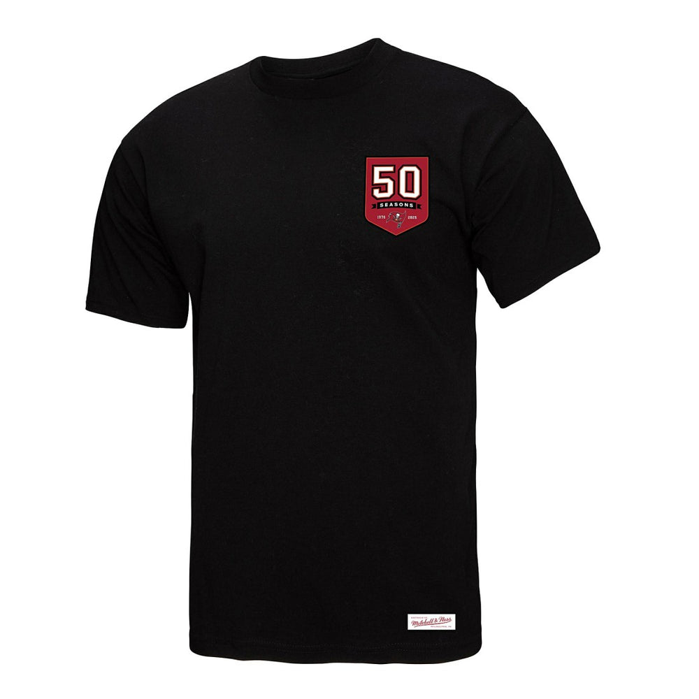 Tampa Bay Buccaneers Mitchell & Ness Women's 50th Anniversary Shield Oversized Boyfriend T-Shirt