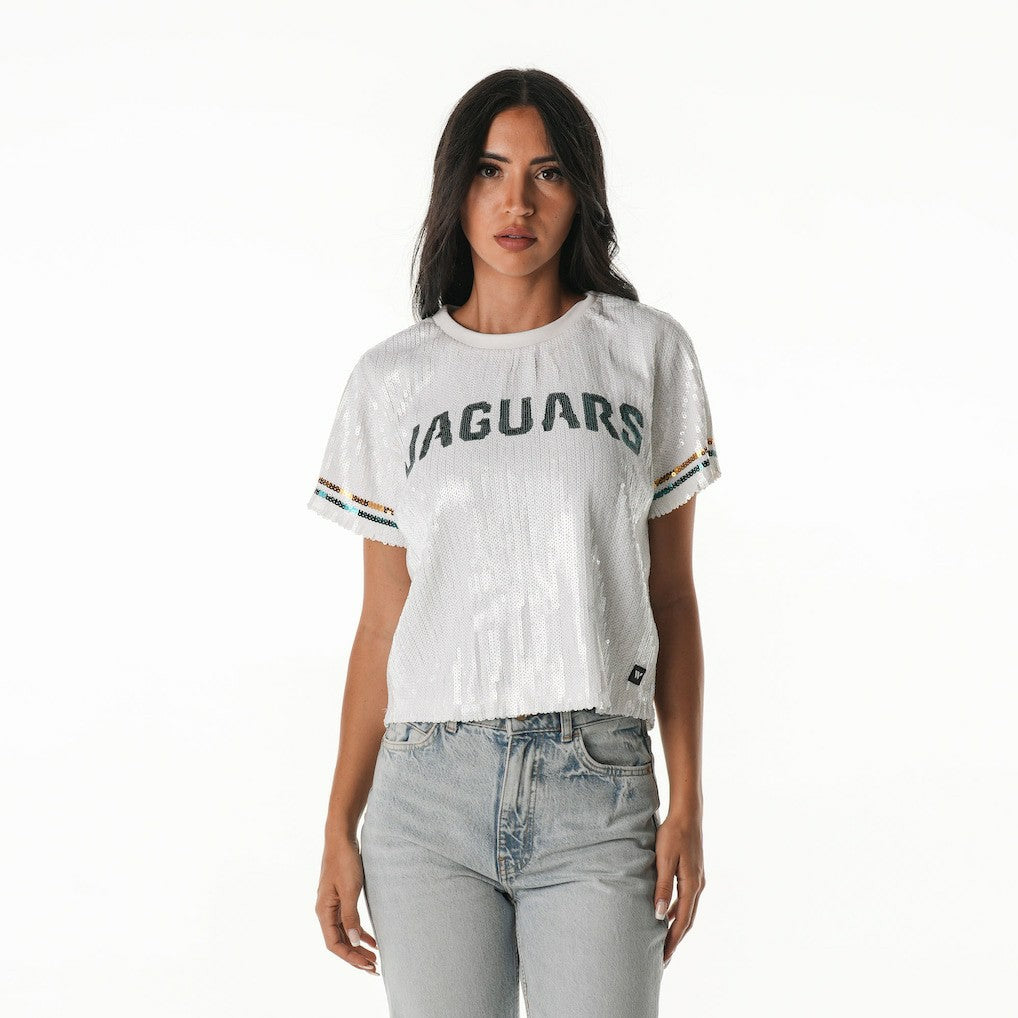 Jacksonville Jaguars  The Wild Collective Women's Rhinestone Sequin Cropped T-Shirt