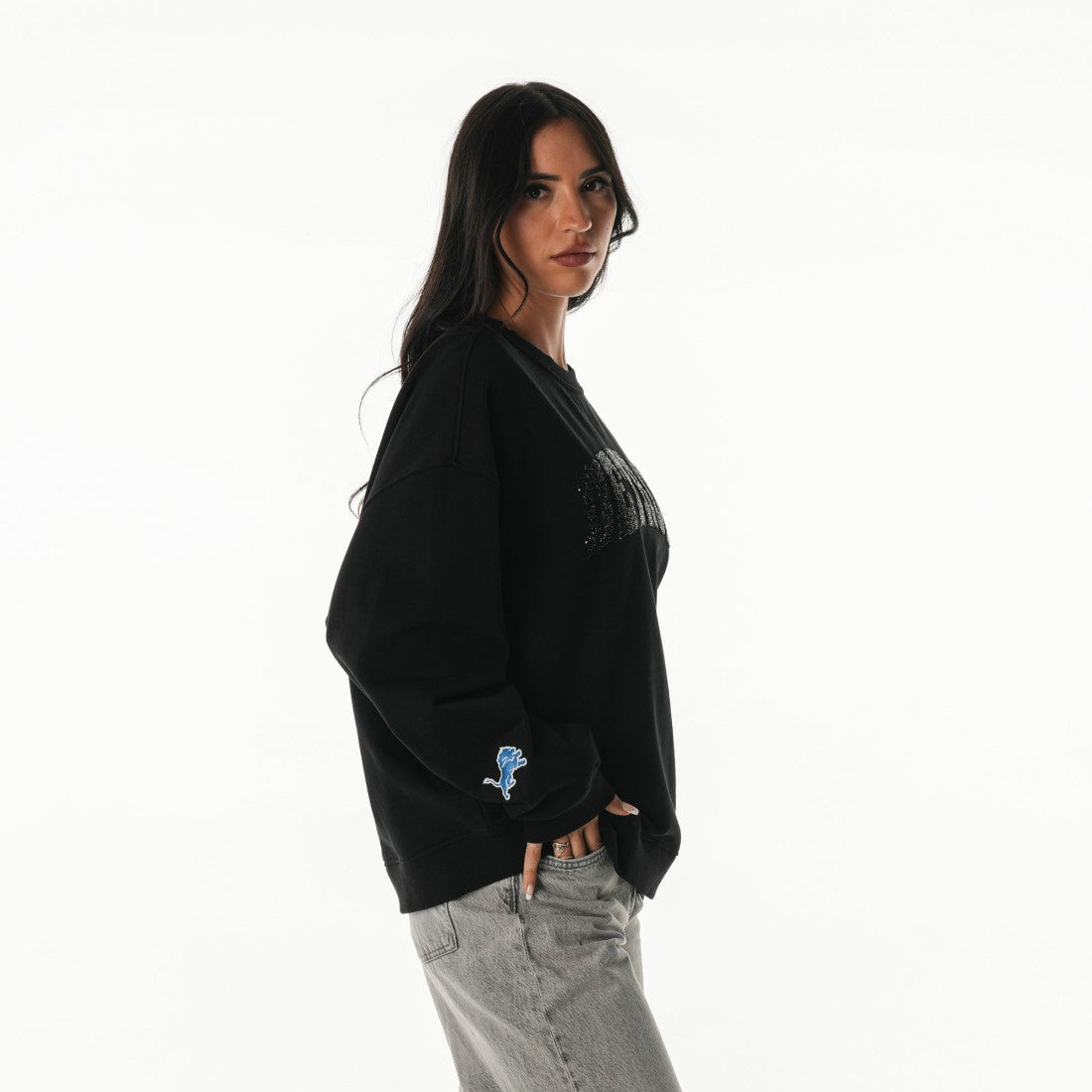 Detroit Lions  The Wild Collective Women's Rock Crystal Oversized Crewneck Sweatshirt