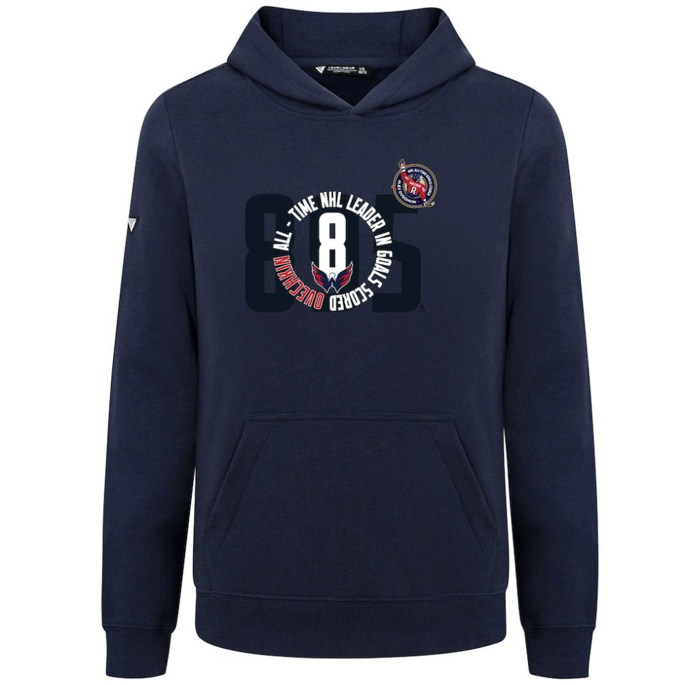Alexander Ovechkin Washington Capitals Levelwear Youth NHL All-Time Leading Goal Scorer Milestone Name & Number Podium Pullover Hoodie Sale