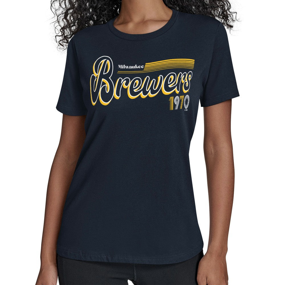 Milwaukee Brewers Starter Women's Groovy Script Team Fitted T-Shirt | MLB On Sale