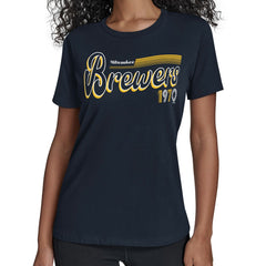 Milwaukee Brewers Starter Women's Groovy Script Team Fitted T-Shirt | MLB On Sale