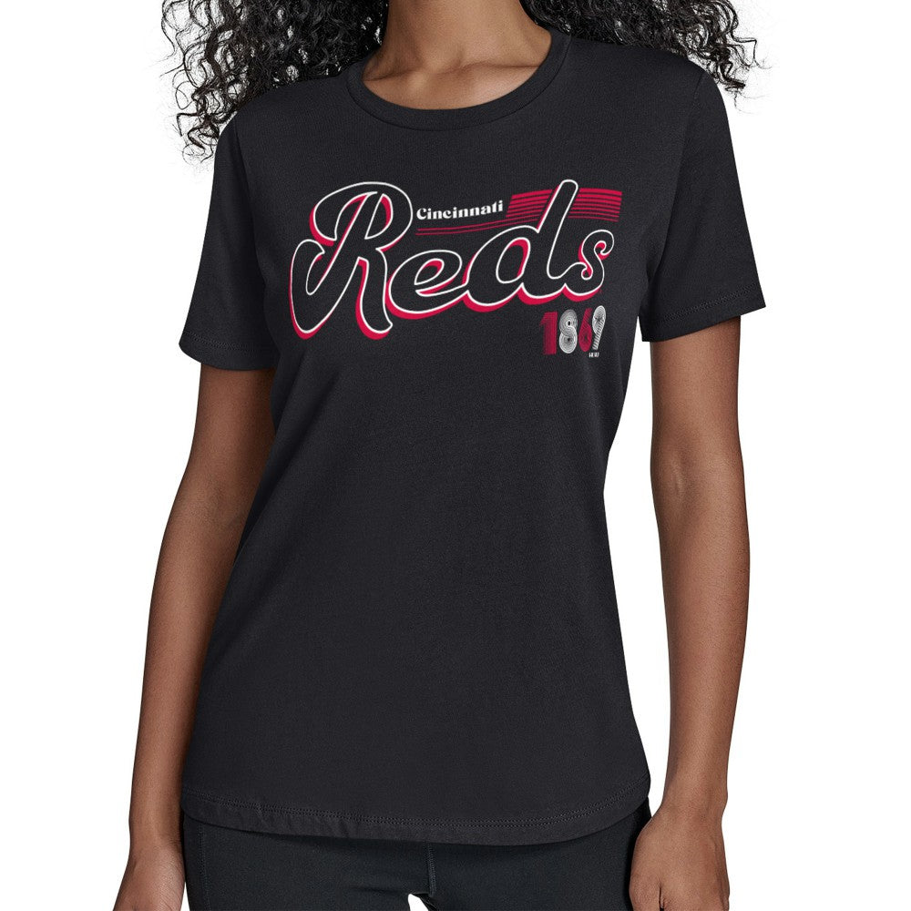 Cincinnati Reds Starter Women's Groovy Script Team Fitted T-Shirt | MLB US