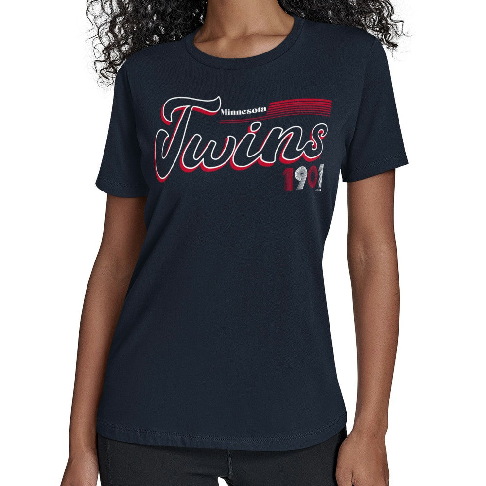 Minnesota Twins Starter Women's Groovy Script Team Fitted T-Shirt | MLB Sale