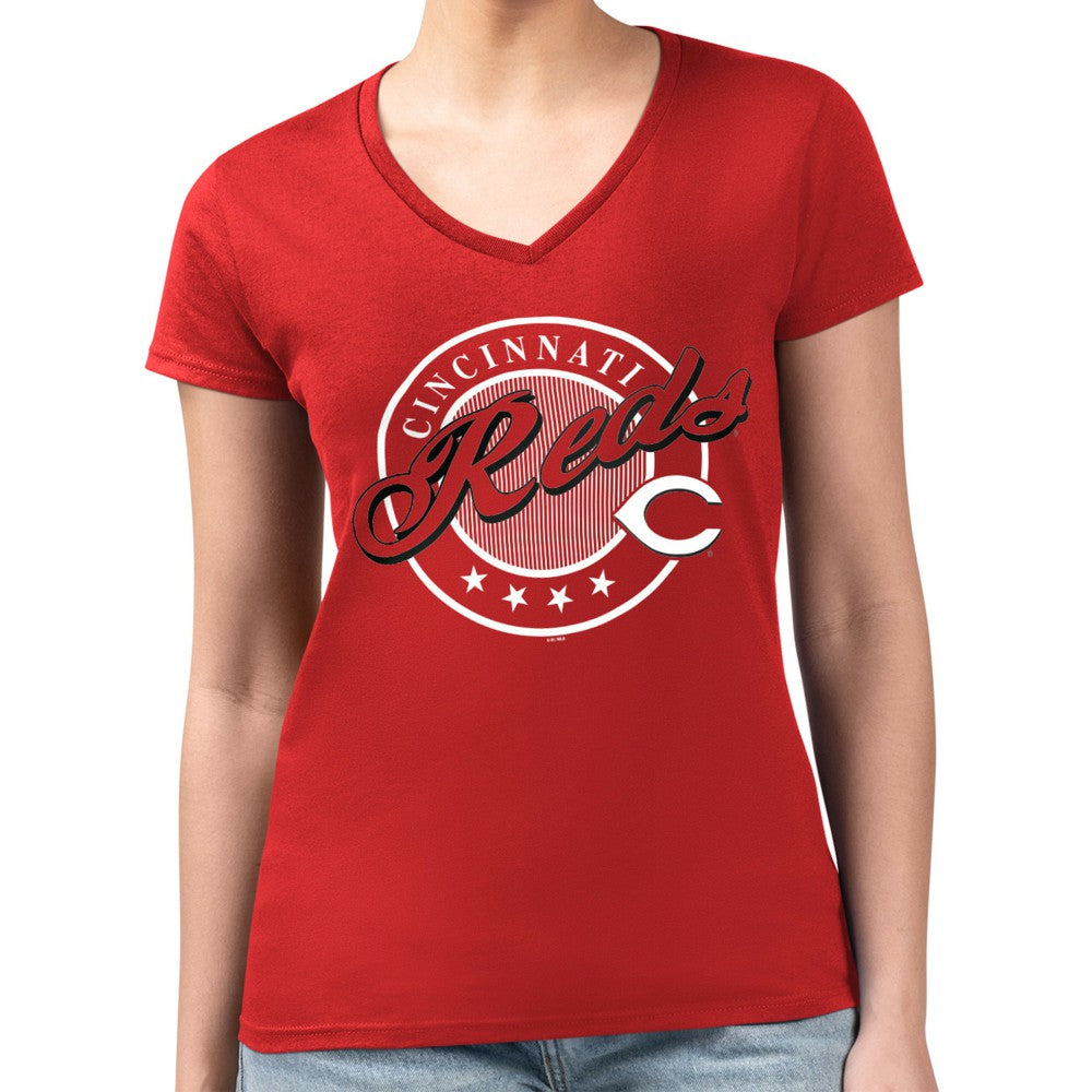 Cincinnati Reds G-III 4Her by Carl Banks Women's Super-Slim Fit Lightweight Pinstripe Circle V-Neck T-Shirt | MLB For sale