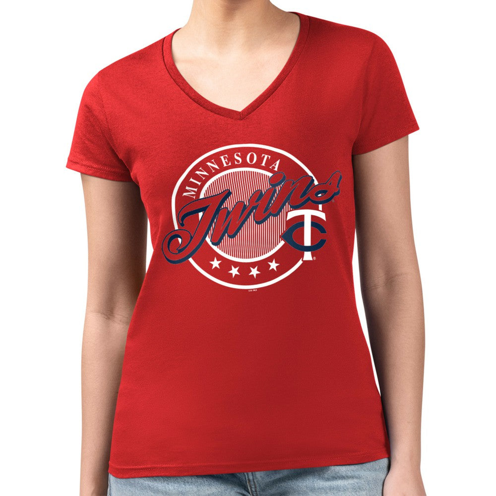 Minnesota Twins G-III 4Her by Carl Banks Women's Super-Slim Fit Lightweight Pinstripe Circle V-Neck T-Shirt | MLB Online