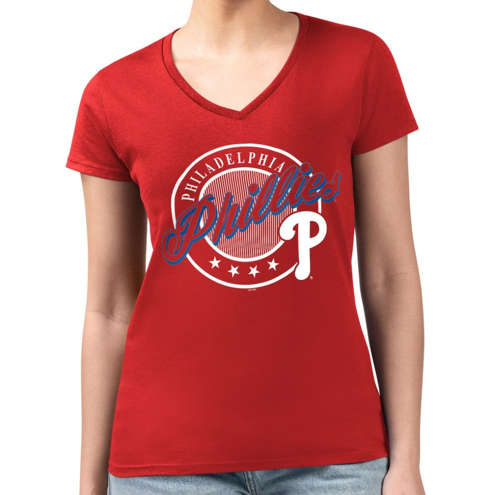 Philadelphia Phillies G-III 4Her by Carl Banks Women's Super-Slim Fit Lightweight Pinstripe Circle V-Neck T-Shirt | MLB US