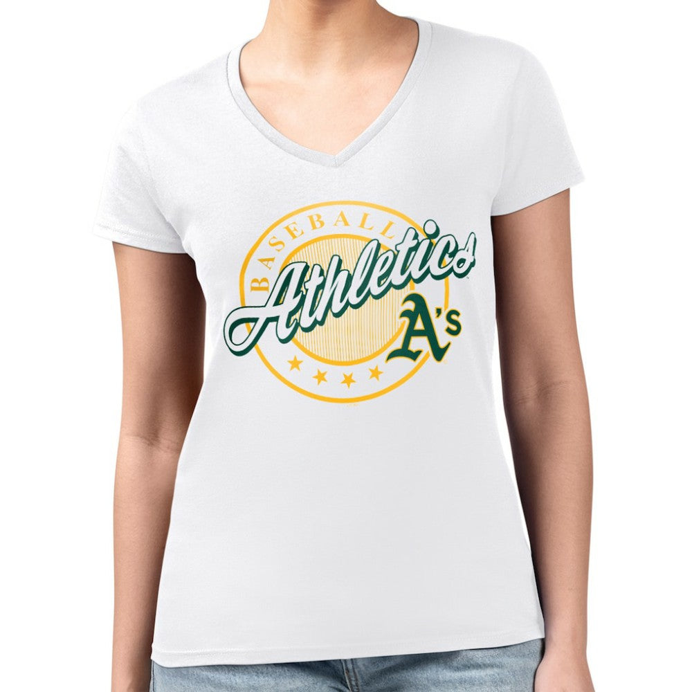 Athletics G-III 4Her by Carl Banks Women's Super-Slim Fit Lightweight Pinstripe Circle V-Neck T-Shirt | MLB Discount