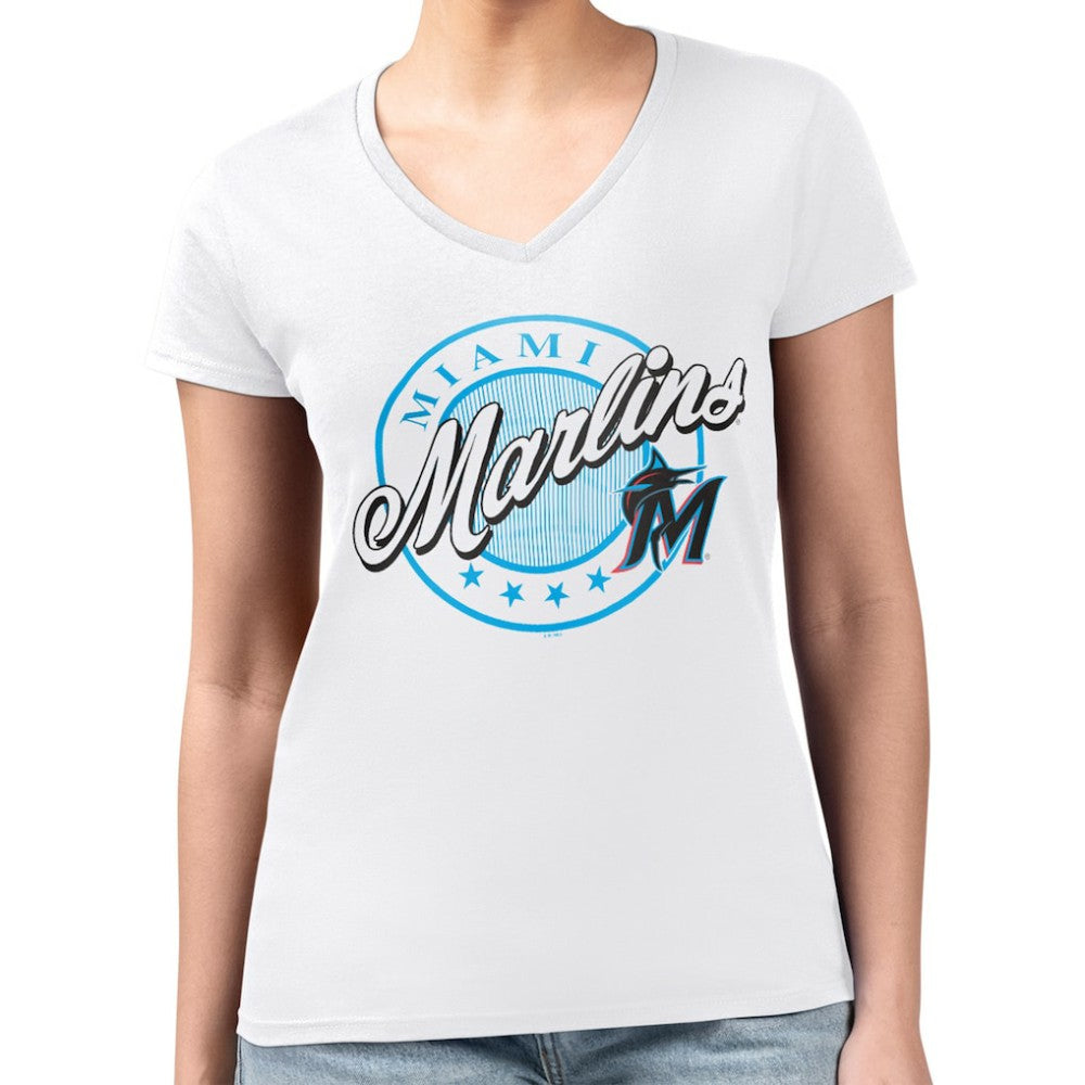 Miami Marlins G-III 4Her by Carl Banks Women's Super-Slim Fit Lightweight Pinstripe Circle V-Neck T-Shirt | MLB For sale