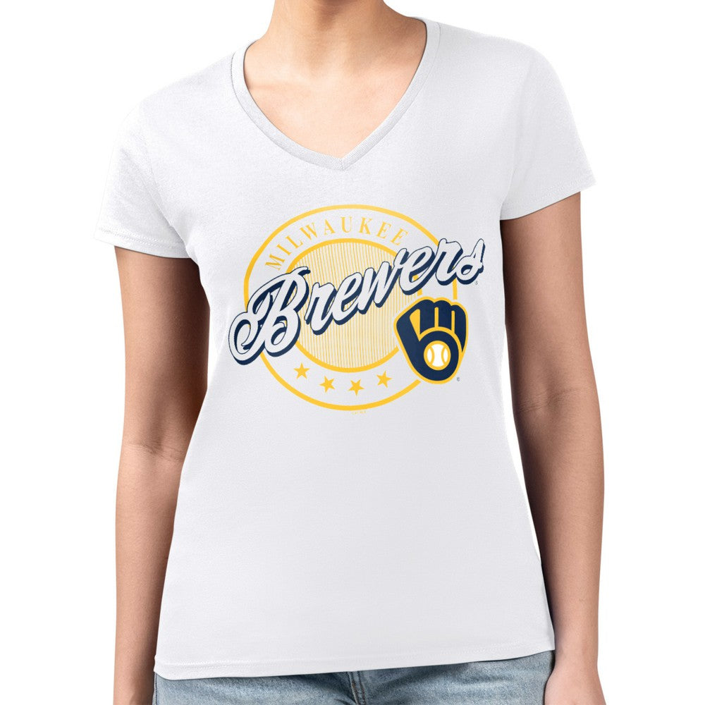 Milwaukee Brewers G-III 4Her by Carl Banks Women's Super-Slim Fit Lightweight Pinstripe Circle V-Neck T-Shirt | MLB Discount