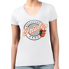 Baltimore Orioles G-III 4Her by Carl Banks Women's Super-Slim Fit Lightweight Pinstripe Circle V-Neck T-Shirt | MLB Shop