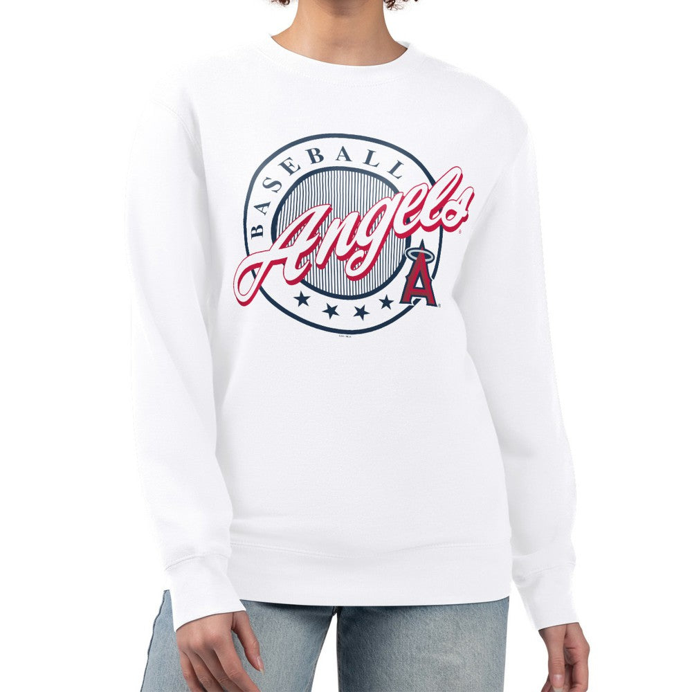 Los Angeles Angels G-III 4Her by Carl Banks Women's Pinstripe Circle Team Fleece Pullover Sweatshirt | MLB Shop