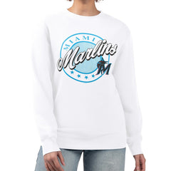 Miami Marlins G-III 4Her by Carl Banks Women's Pinstripe Circle Team Fleece Pullover Sweatshirt | MLB Sale