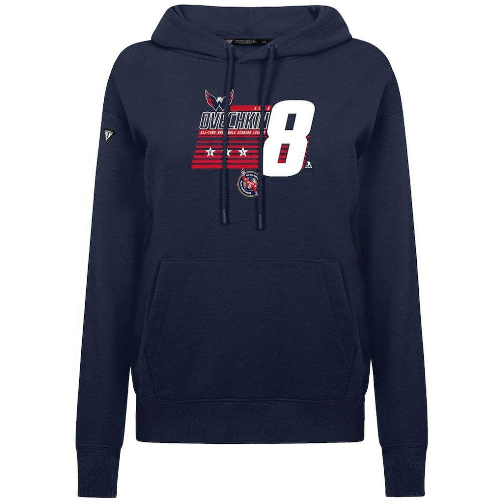 Alexander Ovechkin Washington Capitals Levelwear Women's NHL All-Time Leading Goal Scorer Milestone Stripes Name & Number Adorn Pullover Hoodie For Sale