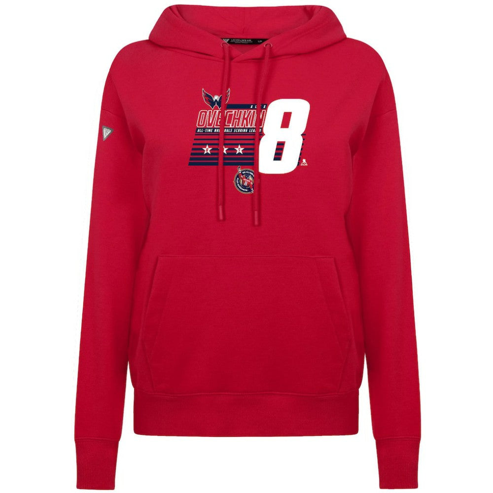 Alexander Ovechkin Washington Capitals Levelwear Women's NHL All-Time Leading Goal Scorer Milestone Stripes Name & Number Adorn Pullover Hoodie On Sale