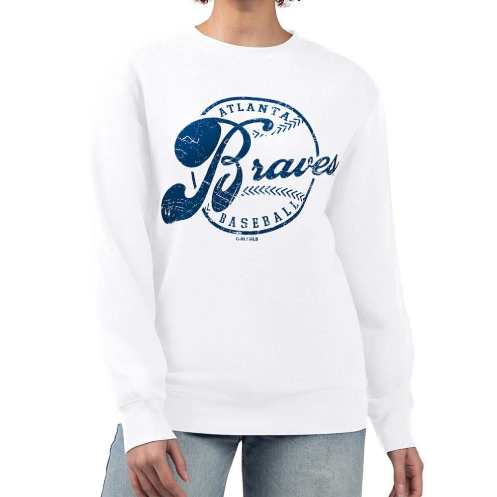 Atlanta Braves G-III 4Her by Carl Banks Women's Distressed Baseball Team Fleece Pullover Sweatshirt | MLB Online
