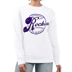 Colorado Rockies G-III 4Her by Carl Banks Women's Distressed Baseball Team Fleece Pullover Sweatshirt | MLB Outlet