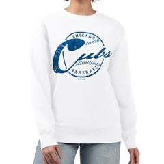 Chicago Cubs G-III 4Her by Carl Banks Women's Distressed Baseball Team Fleece Pullover Sweatshirt | MLB Outlet