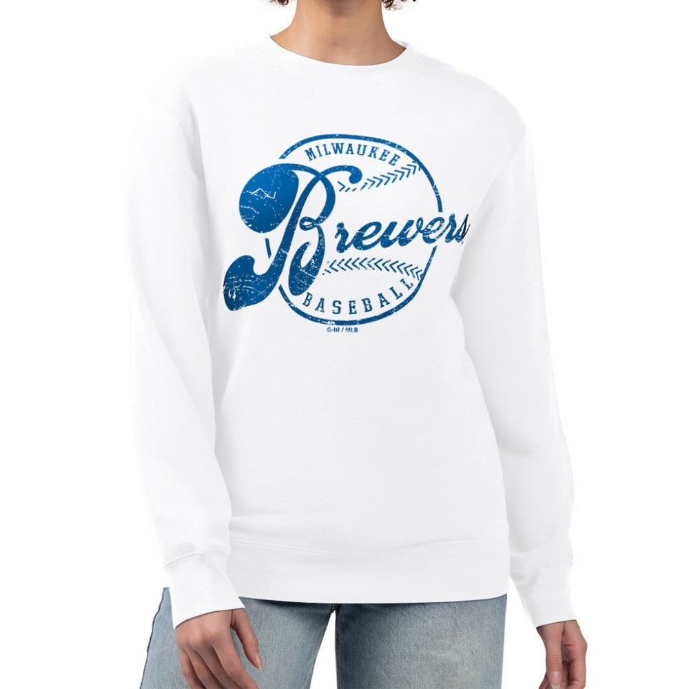 Milwaukee Brewers G-III 4Her by Carl Banks Women's Distressed Baseball Team Fleece Pullover Sweatshirt | MLB US