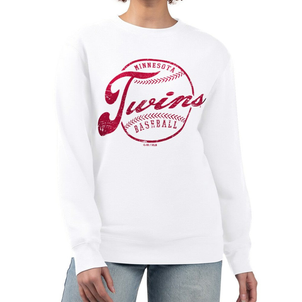 Minnesota Twins G-III 4Her by Carl Banks Women's Distressed Baseball Team Fleece Pullover Sweatshirt | MLB On Sale