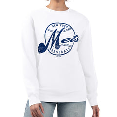 New York Mets G-III 4Her by Carl Banks Women's Distressed Baseball Team Fleece Pullover Sweatshirt | MLB Shop