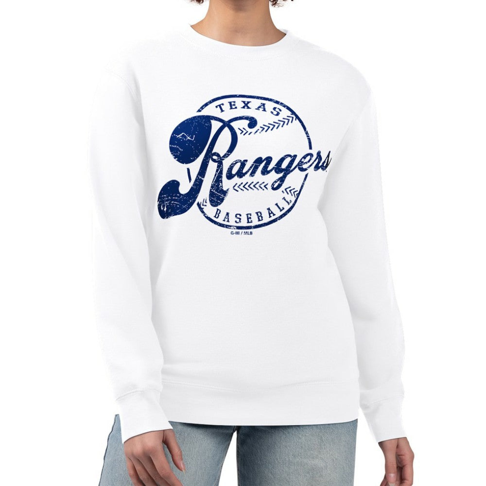 Texas Rangers G-III 4Her by Carl Banks Women's Distressed Baseball Team Fleece Pullover Sweatshirt | MLB Outlet