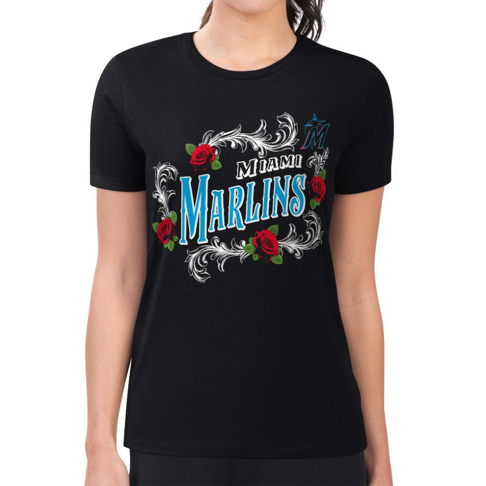 Miami Marlins G-III 4Her by Carl Banks Women's Super-Slim Fit Lightweight Retro Roses T-Shirt | MLB Sale