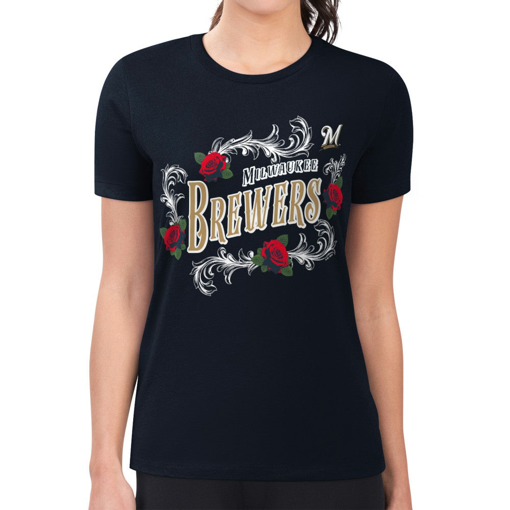Milwaukee Brewers G-III 4Her by Carl Banks Women's Super-Slim Fit Lightweight Retro Roses T-Shirt | MLB US